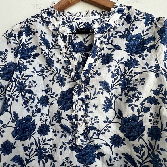 Talbots Popover Petite S Vibrant Floral Ruffle Trim Blouse Blue Coquette Cottage - Picture 5 of 11